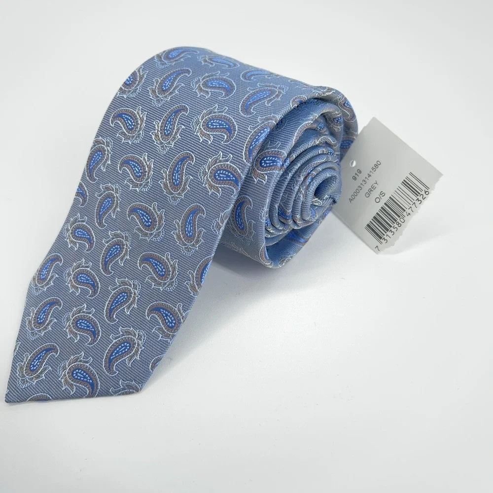 Eton Necktie Mens One Size‎ Grey Blue Silk Paisley Luxury Made In England NWT